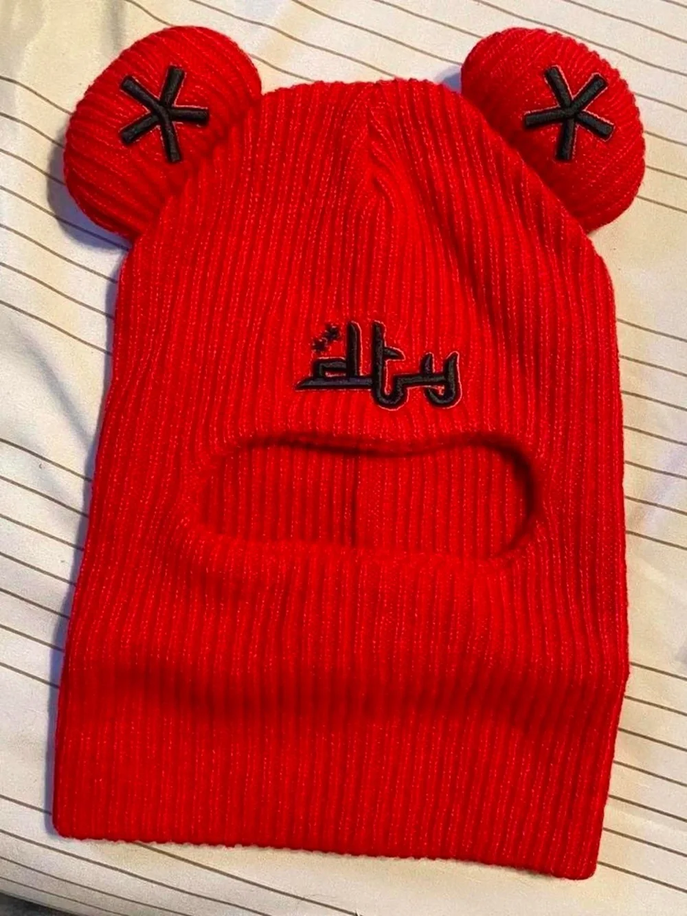 Red Ribbed Knit Balaclava with Bear Ears and Embroidered Logo